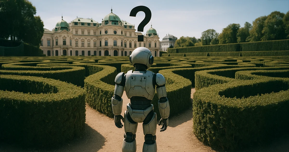 Ein Roboter steht vor einem Labyrinth 